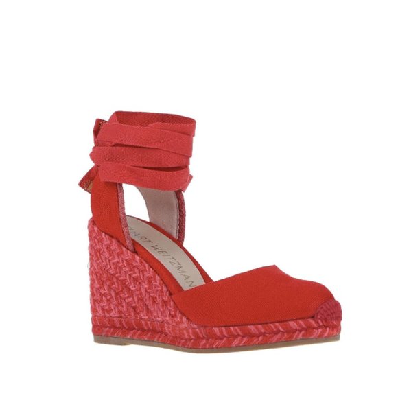 Stuart Weitzman Marguerita Canvas Wedge Sandal Red Size 6 pre-owned - Picture 4 of 9